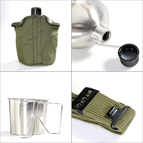 DARTMOOR G.I. Army Stainless Steel Canteen Military with Cup and Green Nylon Cover Waist Belt for Camping Hiking