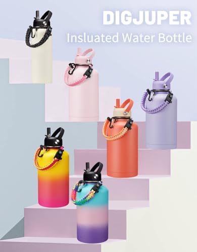 Insulated Water Bottle 64oz - w/Paracord Handle, Straw & Spout Lids, Carrier Bag, Half Gallon Sport Stainless Steel Water Flask Jug, Thermo Mug Double-wall Vacuum Water Bottle