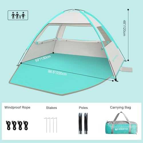 Venustas Beach Tent Sun Shelter for 3/4-5/6-7/8-10 Person, UPF 50+ UV Protection Beach Canopy, Lightweight and Easy Setup Cabana, Portable Beach Shade Tent