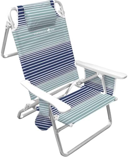 Caribbean Joe Folding Beach Chair, 5 Position Lightweight, Portable Reclining Outdoor Camping Chair with Headrest, Shoulder Strap, and Cup Holder, Horizon Stripe