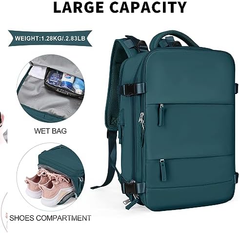 coowoz Large Travel Backpack For Women Men,Carry On Flight Approved,Hiking Waterproof Outdoor Sports Rucksack Casual Daypack Fit 15.6 Inch Laptop Shoes Compartment (Peacock Blue)