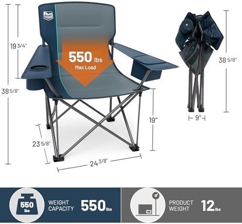 TIMBER RIDGE Oversized Folding Camping Chair Support 550 LBS, Heavy Duty Portable Chairs with Cup Holder Side Pocket for Lawn, Outdoor Picnic, Fishing, 2 Pack(Navy)