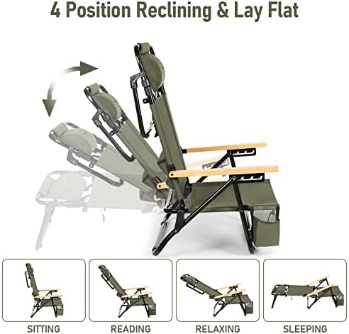 REALEAD Reclining Beach Chairs for Adults, Extendable High Back Beach Chair with Headrest and Cooler Pouch, 4-Position Lay Flat Folding Beach Chairs Heavy Duty Support 330LB