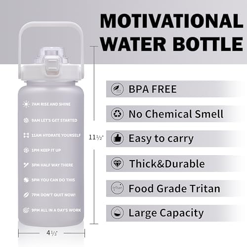 64oz,100oz,128oz Large Motivational Water Bottle with Time Marker, Leakproof & BPA Free Half Gallon Big Water Bottle with Straw Handle Tritan Frosted Water Jug for Gym,Fitness,Outdoor Sports