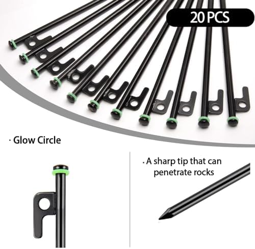 12Inch Heavy Duty Tent Stakes,20 PCS Tent Pegs Metal+Fluorescent Silicone Rings+ Storage Bag for Camping (20pcs)