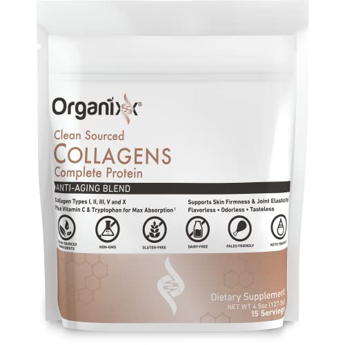 Organixx Clean Sourced Collagen Powder, Hydrolyzed Protein Powder Collagen Peptides with Vitamin C, and Types I, II, III, V, X, For Skin, Joints, Hair and Nails, Aging Support Unflavored (15 Servings)