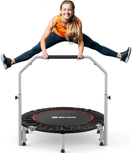 BCAN 40/48" Foldable Mini Trampoline Max Load 330lbs/440lbs, Fitness Rebounder with Adjustable Foam Handle, Exercise Trampoline for Adults Indoor/Garden Workout