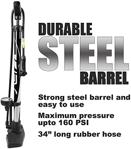 BV Bicycle Pump Durable Bike Floor Pump 17/24 inch Smart Valve Head, 160 psi, Automatically Reversible Presta and Schrader