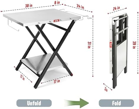 Foldable Grill Table with Extra Storage Bottom Shelf, Outdoor Indoor Foldable Outdoor Grill Stand Table with Garage Rack & Tissue Holder,Easy Set-up, 30" x 24", Silver