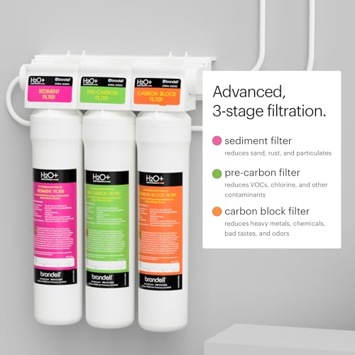 Brondell H2O+ Coral UC300 Three-Stage Undercounter Water Filtration System – Water Purifier with Designer Chrome Faucet – Quick Change Filter, WQA Gold Seal-Certified