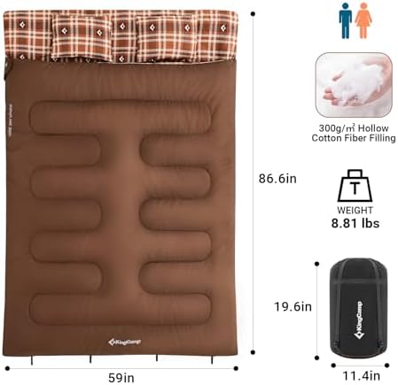 KingCamp Double Sleeping Bag for Adults, Queen Size 2 Person XXL Flannel Sleeping Bag, Waterproof Lightweight Flannel Quilt with 2 Pillows, Perfect for Couples Family Camping Hiking