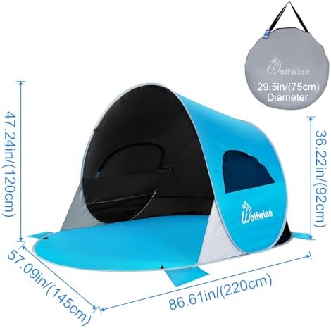 WolfWise UPF 50+ Easy Pop Up 3-4 Person Beach Tent Sport Umbrella Instant Sun Shelter Tent Sun Shade Canopy, Dark Shelter-Blue