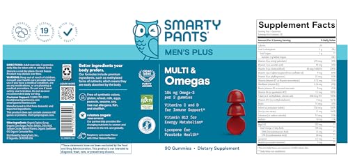 SmartyPants Men's Multivitamin Gummies - Improved Formula: Omega 3 (DHA/EPA), Methylfolate, Vitamin D3, C, Vitamin B12, B6, Vitamin A, K, Zinc & Selenium, Gluten Free, 90 Count (30 Day Supply)