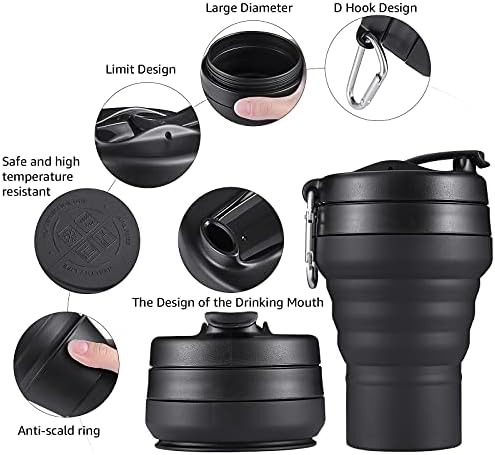 Collapsible Cup for Traveling, 20 OZ 600ml Large Silicone Folding Camping Mug, Leak Proof BPA Free Portable Reusable Bottle for Coffee, Tea, Water, Camping, Hiking, Outdoor (Black)