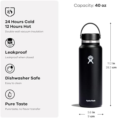 Hydro Flask Wide Mouth vacuum insulated stainless steel water bottle with leakproof closeable lid for cold water drinks, sports, travel, car and school