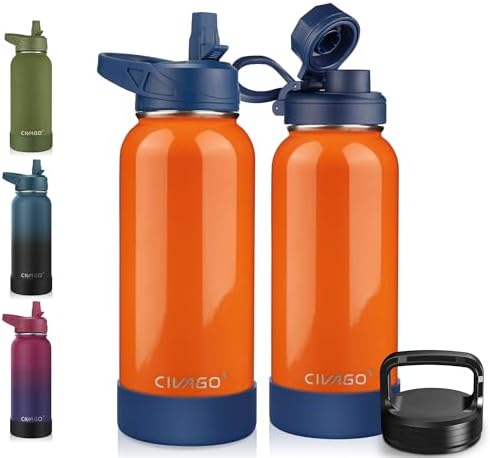 CIVAGO 32 oz Insulated Water Bottle With Straw, Stainless Steel Sports Water Cup Flask with 3 Lids (Straw, Spout and Handle Lid), Wide Mouth Travel Thermal Mug, Deep Orange