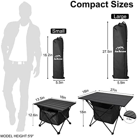 Foldable Camping Side Table, Ultralight Small Beach Aluminum, Portable Outdoor Table with Carry Bag and Storage for Picnic, Grill, Hiking, Fishing, Sand, Camping, Black