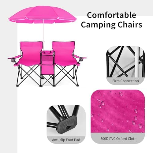 KOTEK Double Camping Chair, Folding Camp Chair with Removable Umbrella, Cup Holders, Cooler Bag, Side Pocket & Carry Bag, 2-Person Beach Chair for Outdoor, Sports, Concerts, Travel, Picnic (Pink)