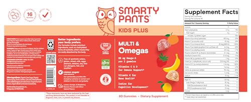 SmartyPants Kids Multivitamin Gummies - Improved Formula: Omega 3 (DHA/EPA), Vitamins D3, C, B12, B6, Vitamin A, K & Zinc, Gluten Free, Three Fruit Flavors, 80 Count (40 Day Supply)