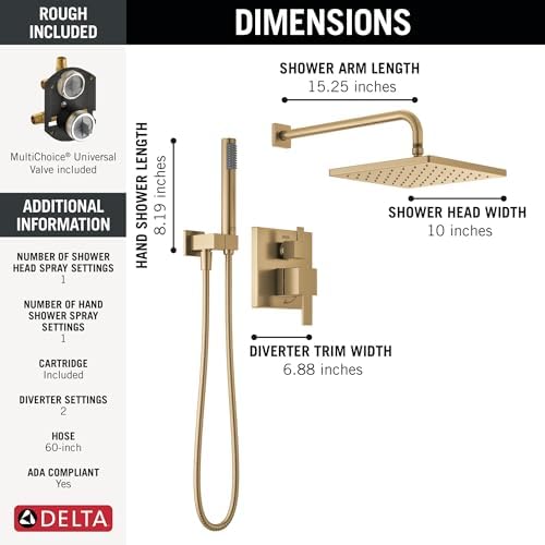 Delta Faucet Modern Raincan 2-Setting Square Shower System Including Rain Shower Head and Handheld Spray Gold, Rainfall Shower System Gold, Shower Valve and Trim Kit, Champagne Bronze 342701-CZ
