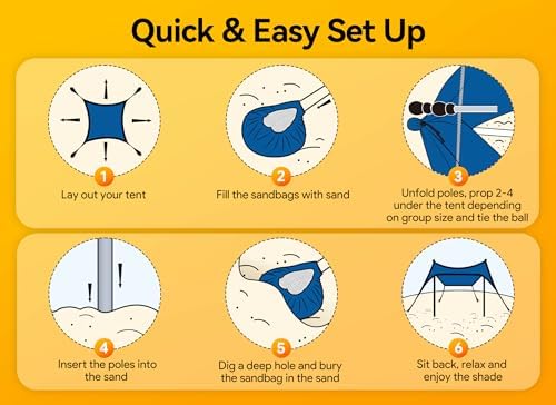 Beach Tent, Camping Sun Shelter 10 x 10ft, with 4 Sandbags, UPF50+, Includes Sand Shovel, Ground Pegs & Stability Poles, Pop Up Beach Canopy Sunshade for Fishing, Backyard Fun or Picnics (Navy Blue)