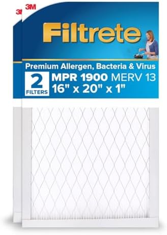 Filtrete 16x20x1 AC Furnace Air Filter, MERV 13, MPR 1900, Premium Allergen, Bacteria&Virus Filter, 3-Month Pleated 1-Inch Electrostatic Air Cleaning Filter, 2-Pack (Actual Size 15.719x19.719x0.78 in)