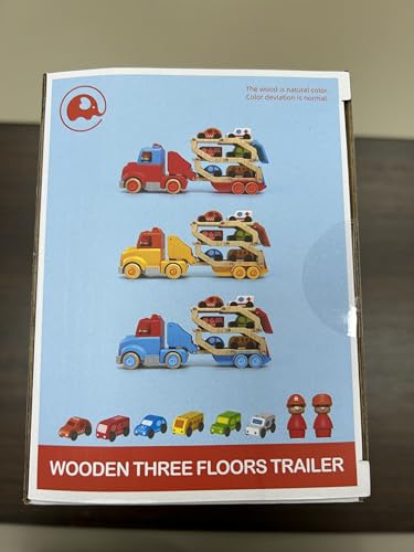 Toddler Toys for 2 3 4 5 Years Old Kids, Transport Car Carrier Truck Toy with 6 Wooden Vehicle, 30in Foldable Track Trailer with Light & Sound Effects, Best Gift Choice for Christmas, Birthday