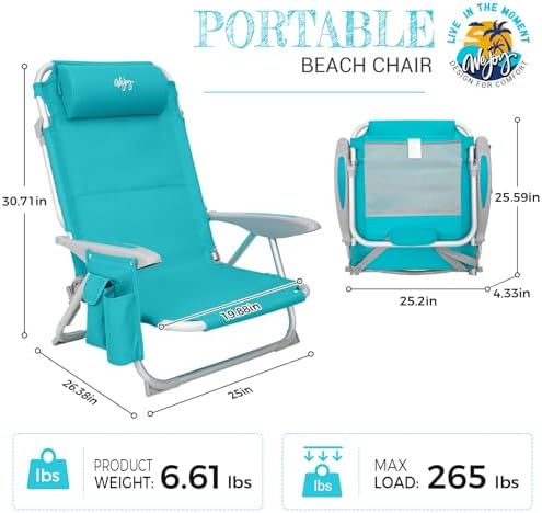 #WEJOY Folding Beach Chair for Adults, 4-Position Aluminum Lightweight Beach Chair, Low Sands Chairs with Shoulder Strap, Cup Holder and Padded Headrest, Supports 265lbs for Lawn