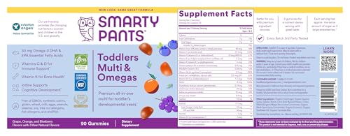 SmartyPants Toddler Multivitamin Gummies: Omega 3 Fish Oil (EPA/DHA), Vitamin D3, C, Vitamin B12, B6, A, K & Zinc, Biotin, Beta Carotene, Gluten Free, Three Fruit Flavors, 90 Count (30 Day Supply)