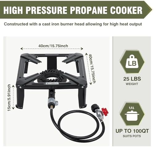 Bestfire High Pressure Propane Burner, 120000 BTU Single Propane Stove with 4.1ft 0-20Psi Adjustable Hose with Regulator, 16" Square Steel Cooktop for Camping