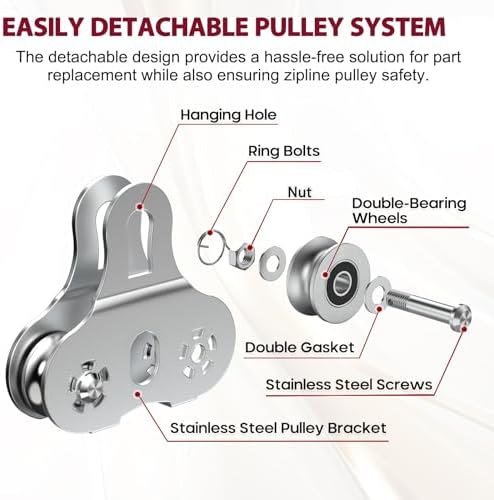 Zipline Pulley, 304 Stainless Steel Tandem Speed Double Pulley for 1/4 5/16 3/8 Cable Backyard Zipline, Hauling, Rigging and Commercial Purposes