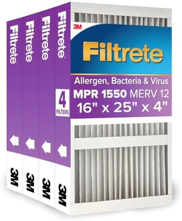 Filtrete 16x25x4 AC Furnace Air Filter, MPR 1550, MERV 12, Fits Lennox & Honeywell, CERTIFIED Asthma & Allergy Friendly, Electrostatic Air Cleaning Filter, 4-Pack (actual size 15.88 x 24.56 x 4.31)