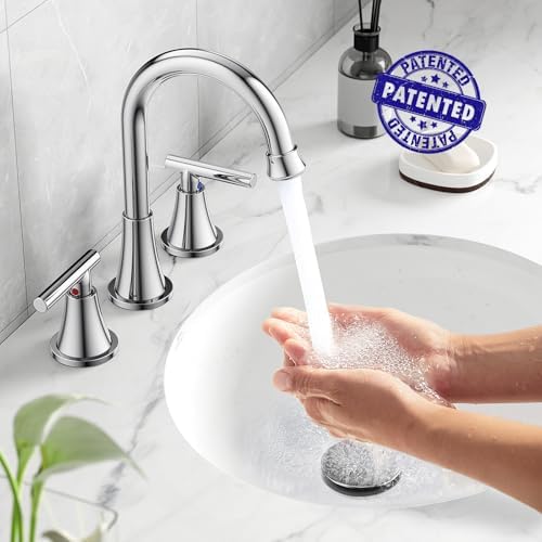 Bathroom Faucets for Sink 3 Hole, Hurran Chrome Bathroom Sink Faucet with Pop-up Drain and Supply Lines, Stainless Steel Lead-Free Widespread Faucet for Vanity RV Farmhouse Sink
