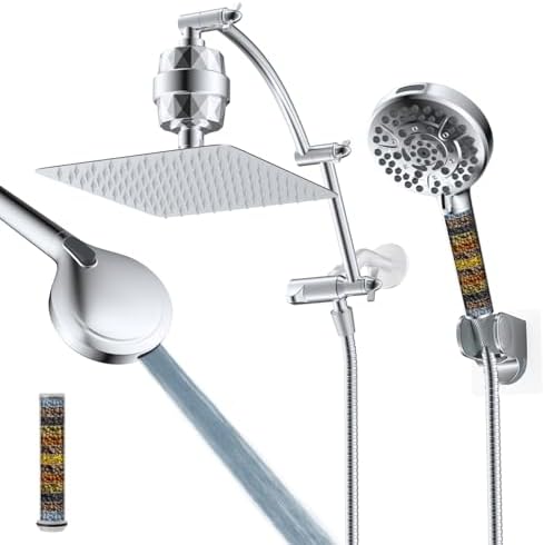 Hibbent All Metal 10'' Dual Filtered Rainfall Shower Head Combo, High Pressure Handheld Shower Head with 16'' Adjustable Arc Extension Arm, 20 Stage Shower Filter, 10-spray, 71'' Shower Hose, Chrome