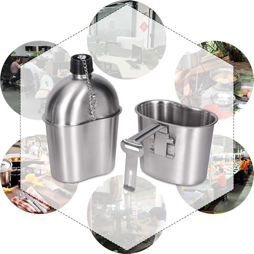 Goetland Stainless Steel WWII US Army Canteen Water Bottle Military Canteen Kit 1QT with 0.5QT Cup Nylon Pouch G.I.