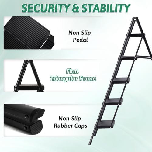 5 Step Folding Heavy Duty Step Ladder, 330 Lbs Load, Black, Iron & Plastic, 46 Inch Tall, Anti-Slip, Multi-Position, Indoor/Outdoor