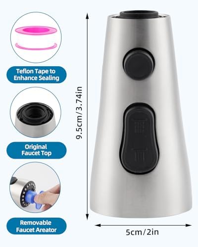 Hygie Rinse Stainless Faucet Head Replacement with 15 Adapters Compatible with Moen/Delta/Kohler Pull Down Kitchen Faucet, 3 Water Modes Kitchen Sink Faucet Sprayer Head, Brushed Nickel Finish