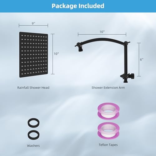 Hibbent All Metal Rain Shower Head, 10'' High Pressure Rainfall Showerhead with 16" Shower Head Extension Arm, Solid Brass Adjustable Shower Arm Extender, Waterfall fixed Showerheads, Matte Black