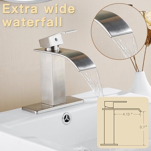 Fransiton Brushed Nickel Waterfall Bathroom Faucet Lavatory Single Handle 1 or 3 Hole Bathroom Sink Faucet Washbasin Faucet with Deck and Pop-up Drain
