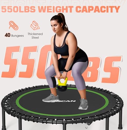 BCAN 450/550 LBS Foldable Mini Trampoline, 40"/48" Adult Fitness Trampoline with Bungees, U Shape Adjustable Foam Handle, Stable & Quiet Exercise Rebounder,Indoor/Outdoor Workout