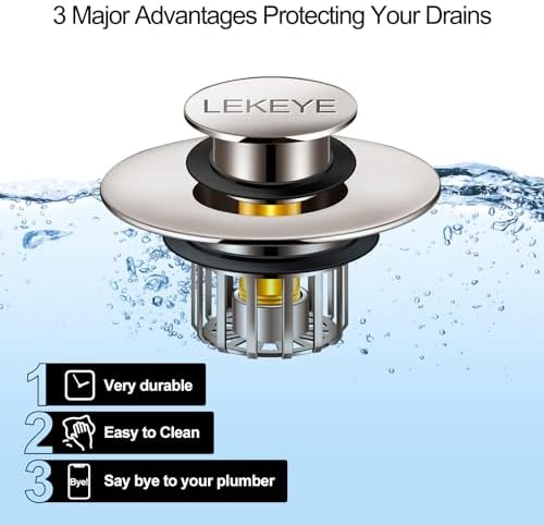 LEKEYE Tub Stopper | Shower Drain Hair Catcher | Pop-up Drain Stopper with Strainer | Bathroom Bathtub Plug | Drain Protector for 1-1/2 to 1-3/4" Bath Drain Hole - Brushed Nickel