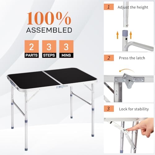 3.0 Ft Folding Portable Camping Table with Adjustable Height Legs, RV Dining Tables, Grill, DJ, BBQ, Dining, Picnic, Cooking, Beach, Garden, Black