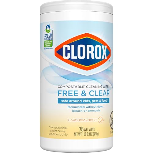 Clorox Free & Clear Compostable Cleaning Wipes, Light Lemon Scent, 75 Count, Pack of 3 (Pack May Vary)