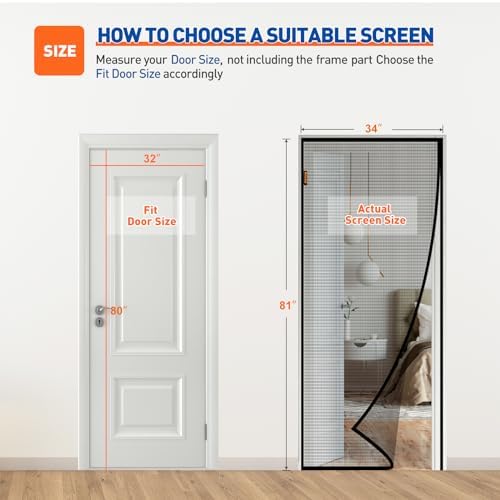 MAGZO Magnetic Screen Door Fits Door Size 32 x 80 Inches, Actual Screen Size 34" x 81" Heavy Duty Side Opening Screen Curtain Air Circulation Broader View-Black