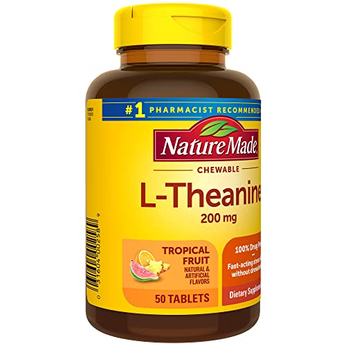 Nature Made Chewable L Theanine 200mg, L-Theanine Supplement for Stress Relief, 50 Chewable Tablets, 50 Day Supply