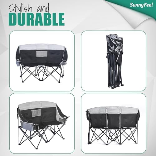 SunnyFeel Folding Double Camping Chair, Oversized Loveseat Chair, Heavy Duty Portable/Foldable Lawn Chair with Storage/Cooler for Outside/Outdoor/Travel/Picnic, Fold Up Camp Chairs for Adults 2 People