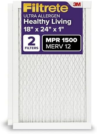 Filtrete 18x24x1 AC Furnace Air Filter, MERV 12, MPR 1500, CERTIFIED asthma & allergy friendly, 3 Month Pleated 1-Inch Electrostatic Air Cleaning Filter, 2-Pack (Actual Size 17.81x23.81x0.78 in)