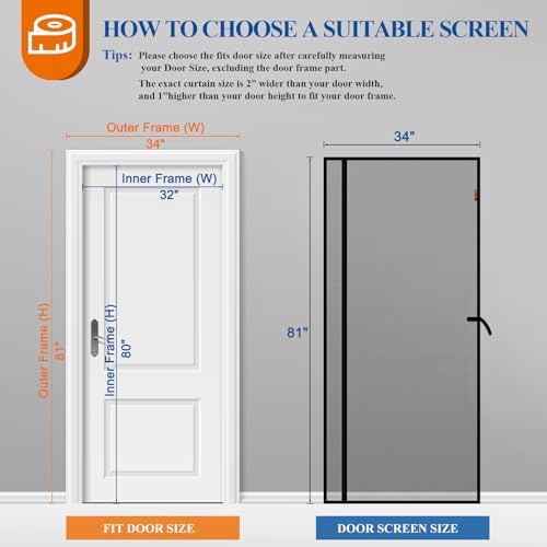 MAGZO Magnetic Screen Door Mesh 32'' x 80'', 2025 Model, Reversible Left Right Offset Opening, Polyester Material Scratch-Proof, Pet Friendly, Keep Open Straps, 52 Powerful Magnets, Easy Install, Grey