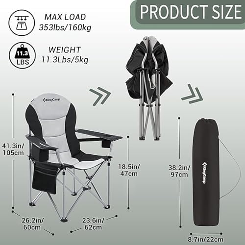 KingCamp Oversized Camping Folding Chair with Lumbar Support, Heavy Duty Ergonomic Padded Arm Chair with Cooler Bag, Cup Holder, Portable for Outdoor