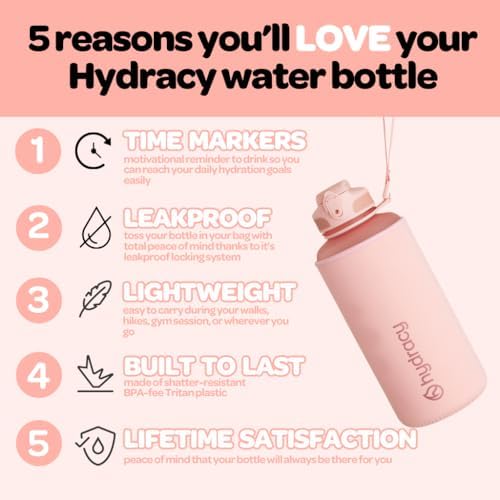 Hydracy Water Bottle with Time Marker -Large BPA Free Water Bottle & No Sweat Sleeve -Leak Proof Gym Bottle with Fruit Infuser Strainer & Times to Drink -Ideal for Fitness Sports & Outdoors
